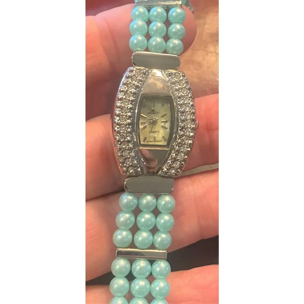 Women's 20mm Silver Tone Denacci Watch, Beaded Band, Crystal Accents